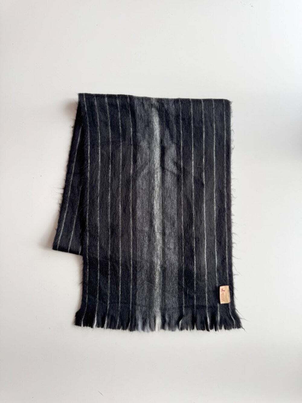 POKOLOKO Black Grey Striped Alpaca Blend Fringed Rectangle Scarf